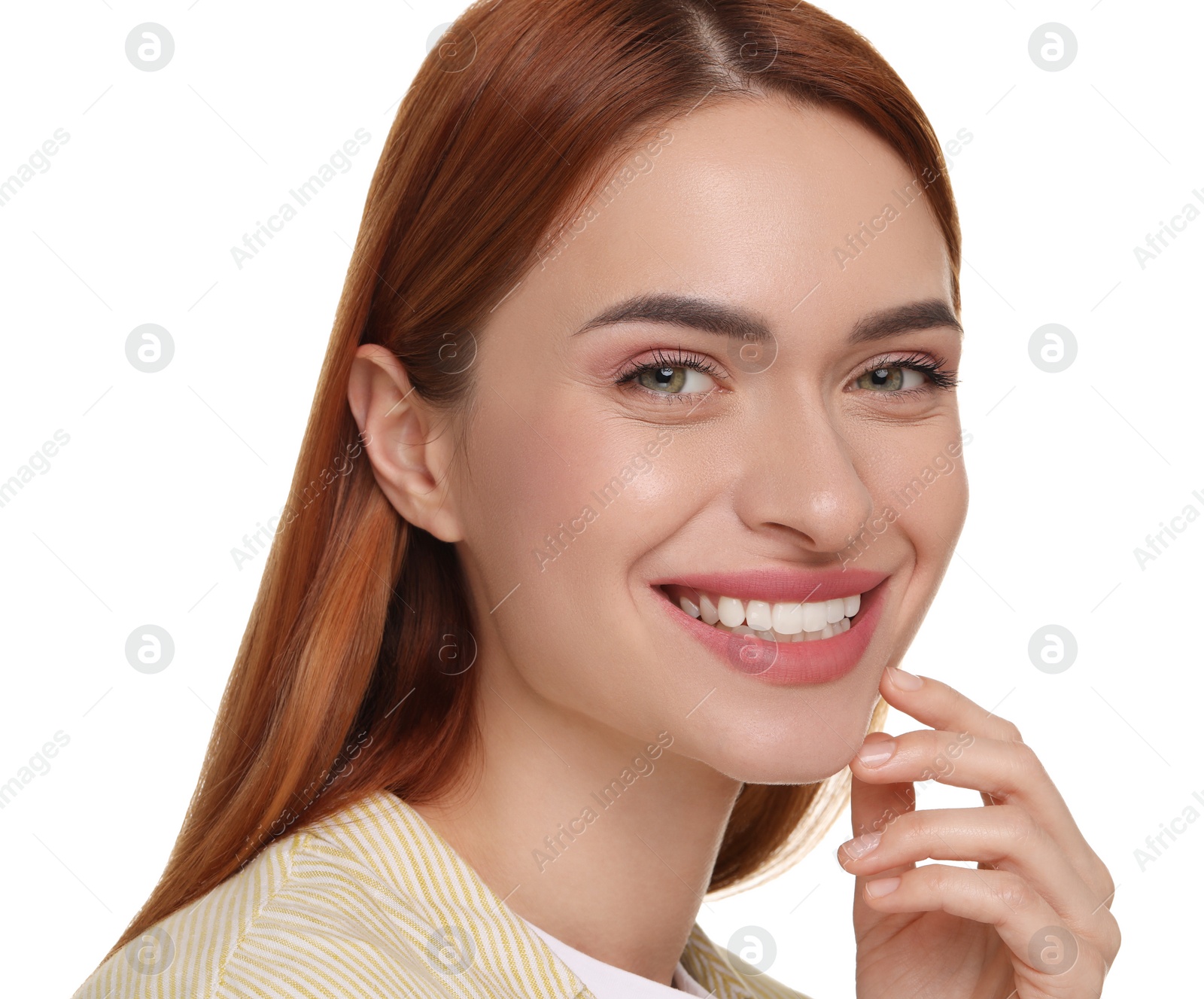 Photo of Beautiful woman with clean teeth smiling on white background