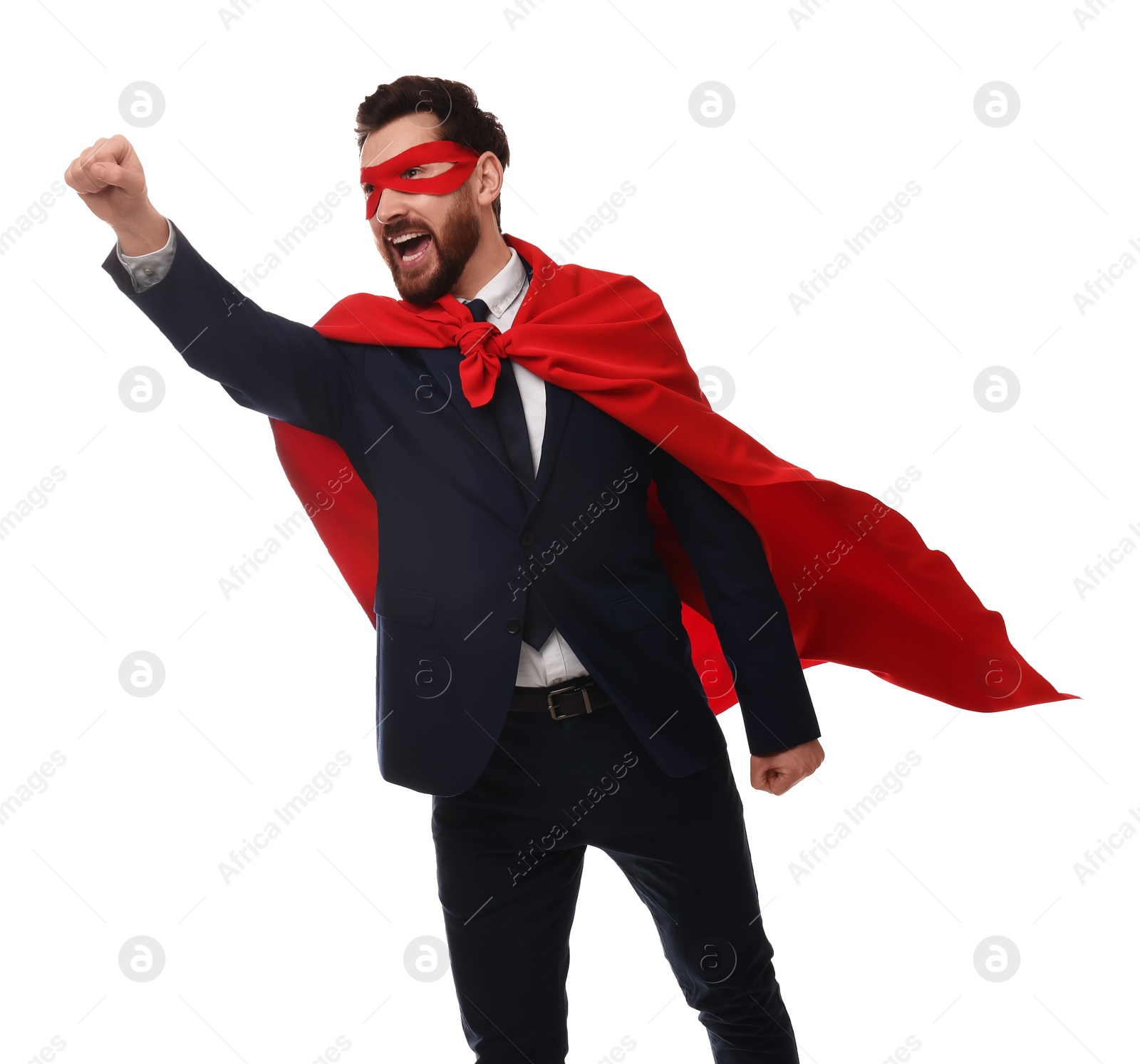 Photo of Emotional businessman wearing red superhero cape and mask on white background