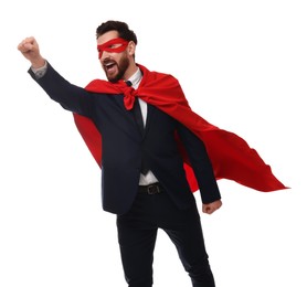Photo of Emotional businessman wearing red superhero cape and mask on white background