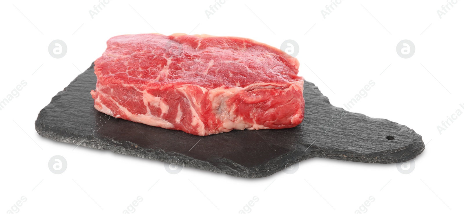 Photo of Board with steak of raw beef meat isolated on white