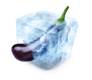 Image of Frozen food. Raw eggplant in ice cube isolated on white