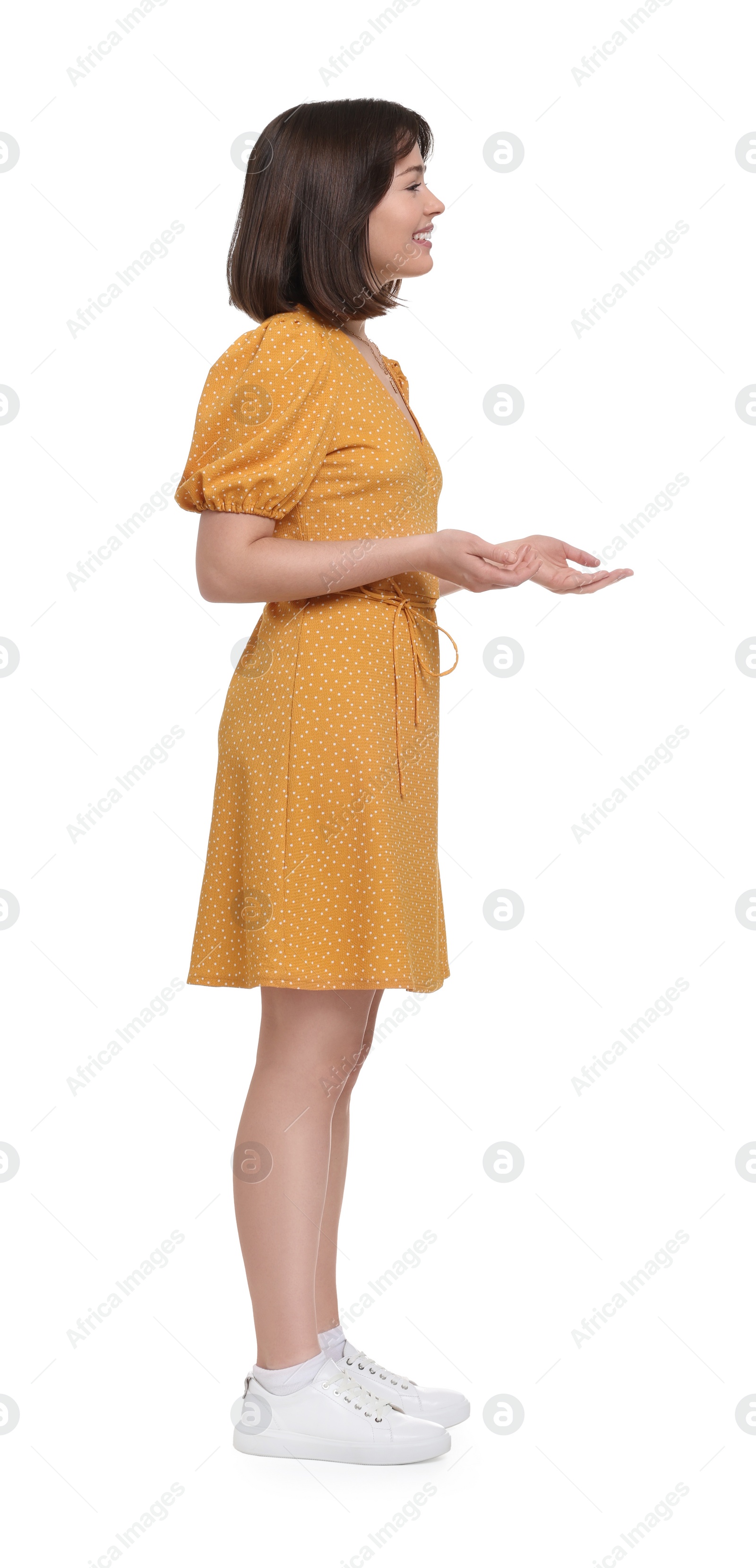 Photo of Happy woman in beautiful dress on white background