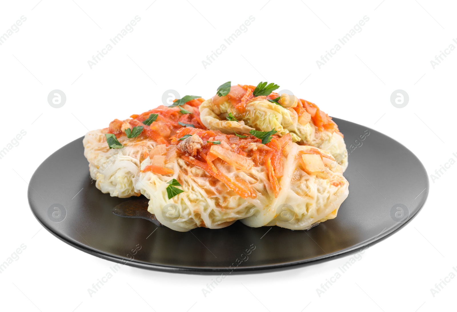 Photo of Plate with delicious cabbage rolls isolated on white