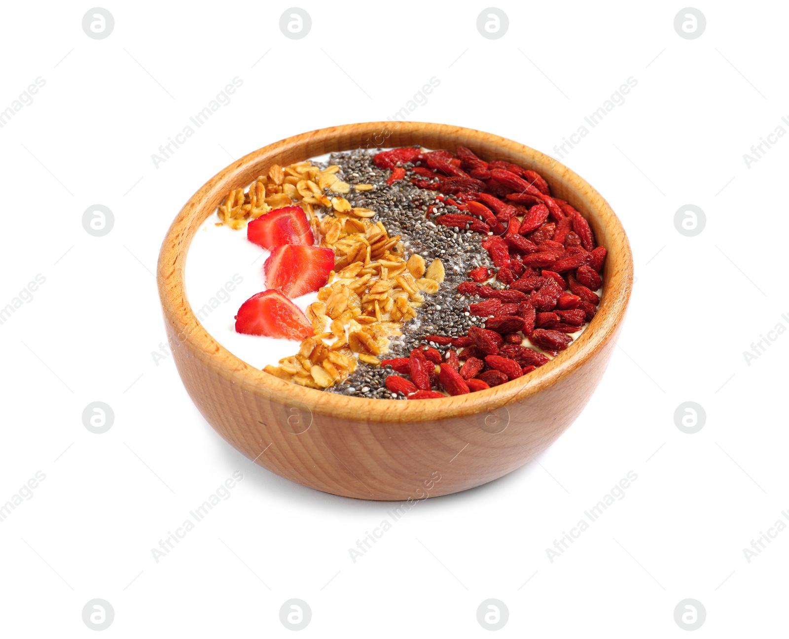 Photo of Smoothie bowl with goji berries on white background