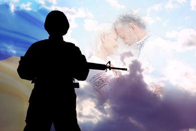 Image of Stop war in Ukraine. Multiple exposure of silhouette of armed defender against sky, national flag of Ukraine and mature couple in Ukrainian national clothes