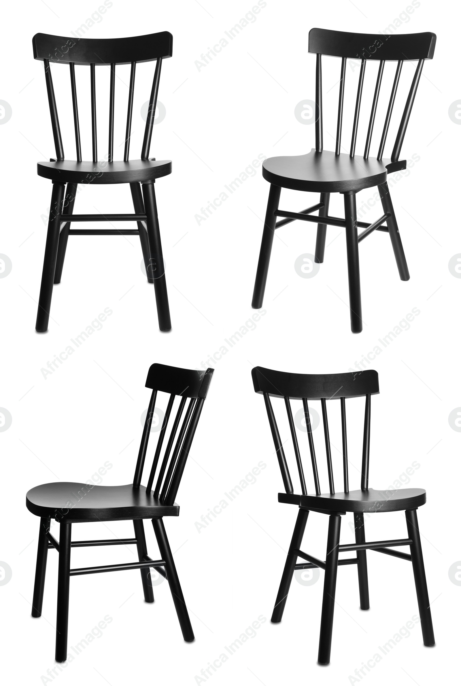 Image of Set with stylish black chairs on white background