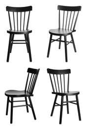 Image of Set with stylish black chairs on white background