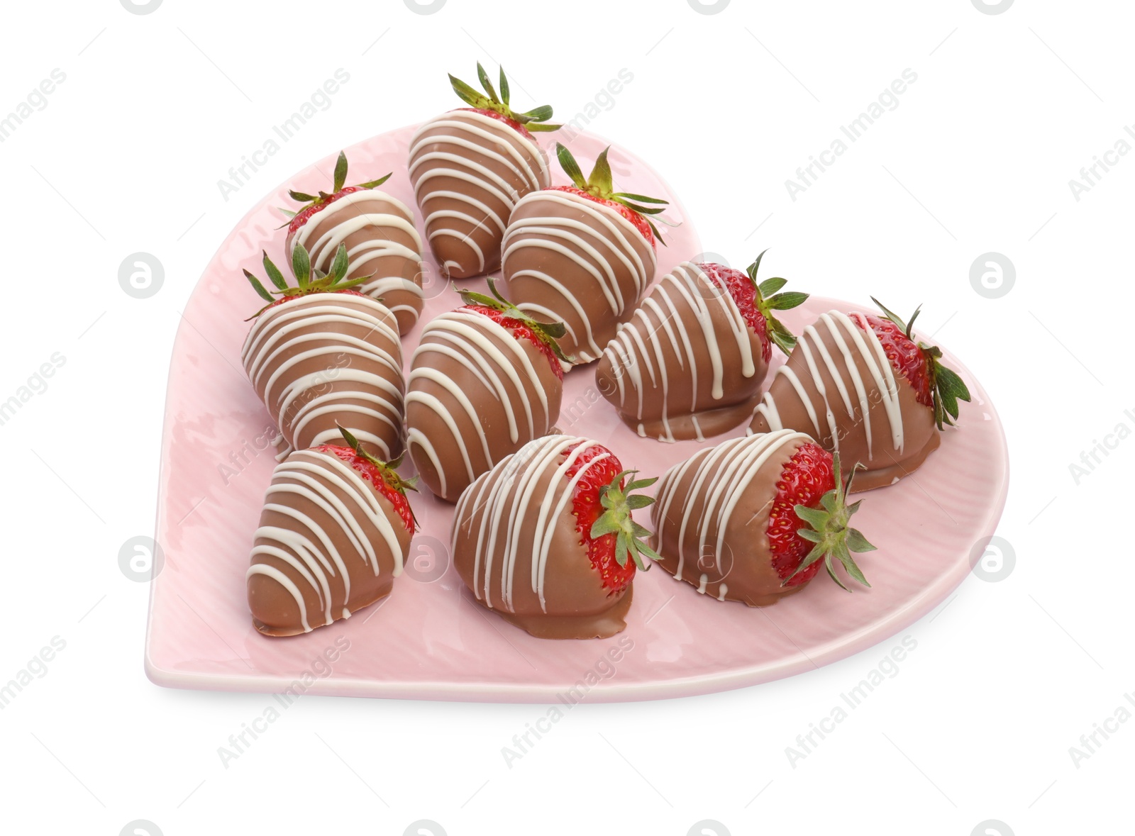 Photo of Heart shaped plate with delicious chocolate covered strawberries isolated on white