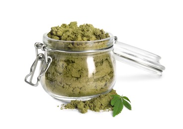 Photo of Jar with hemp protein powder and green leaf on white background