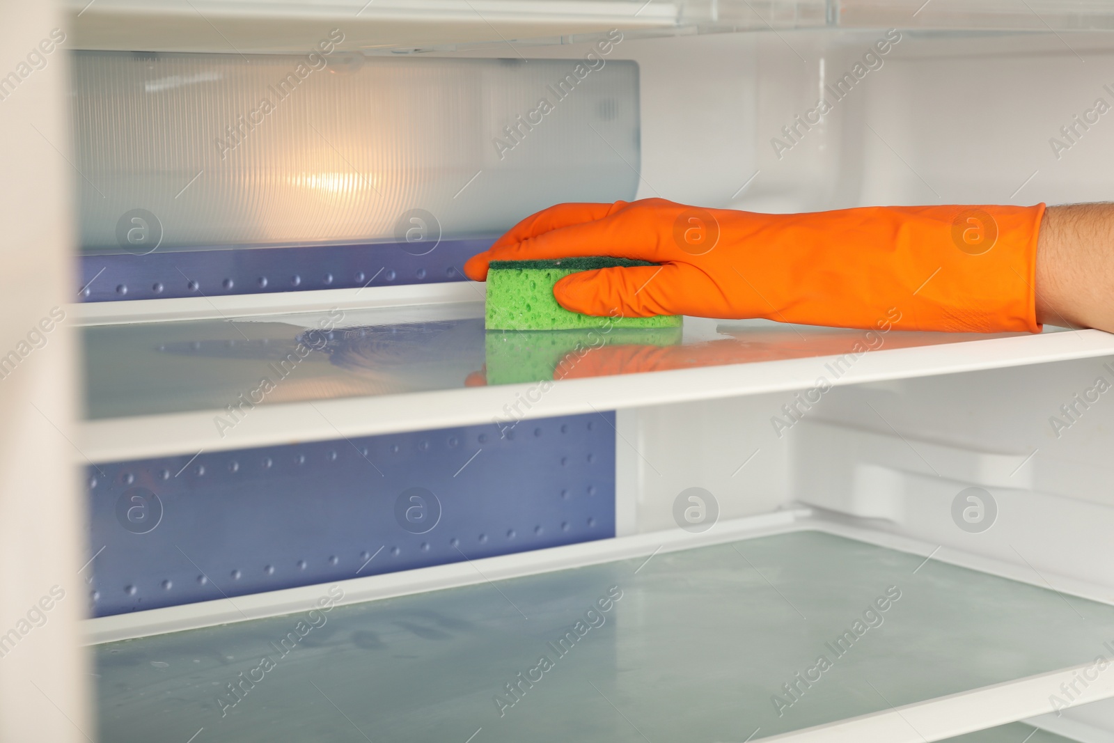 Photo of Woman cleaning refrigerator with sponge, closeup