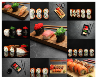 Collage with photos of delicious sushi and rolls