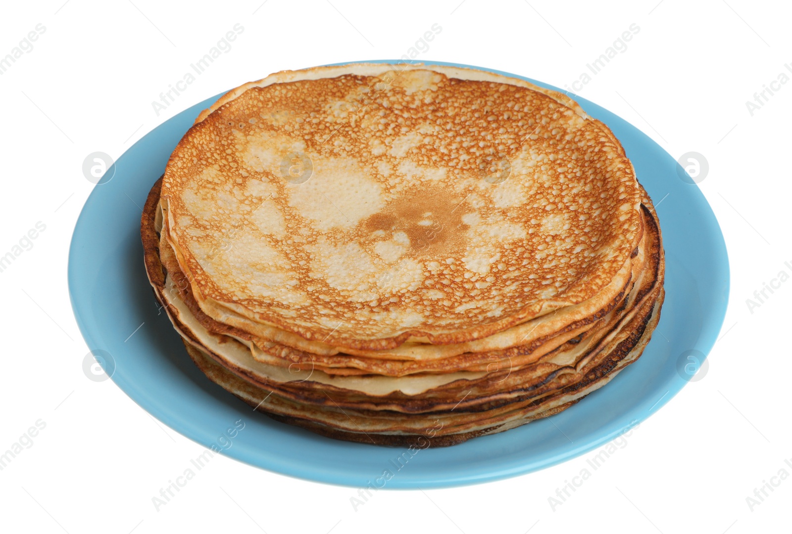 Photo of Stack of delicious crepes on plate against white background