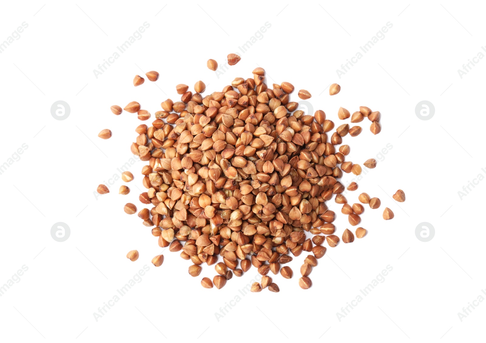 Photo of Pile of buckwheat grains isolated on white, top view. Organic cereal