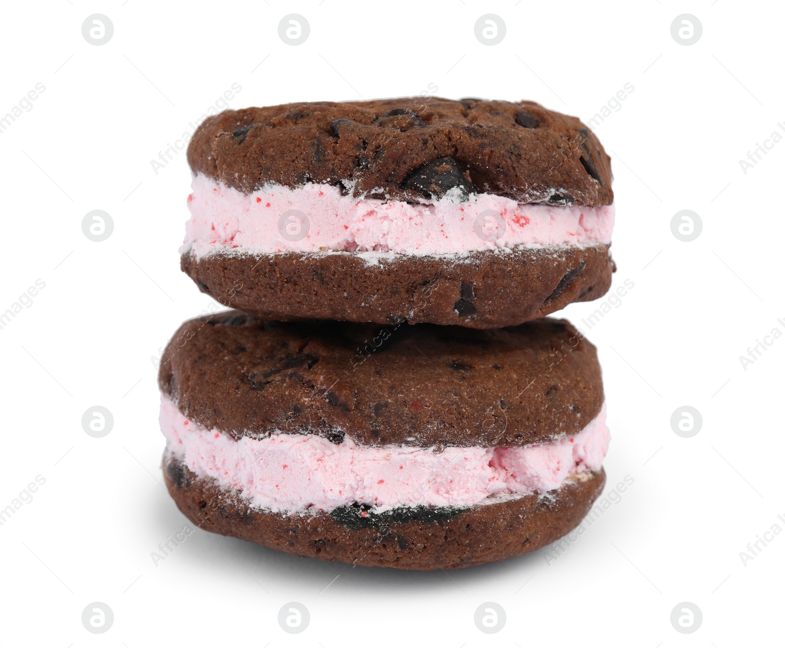 Photo of Sweet delicious ice cream cookie sandwiches on white background