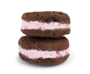 Photo of Sweet delicious ice cream cookie sandwiches on white background