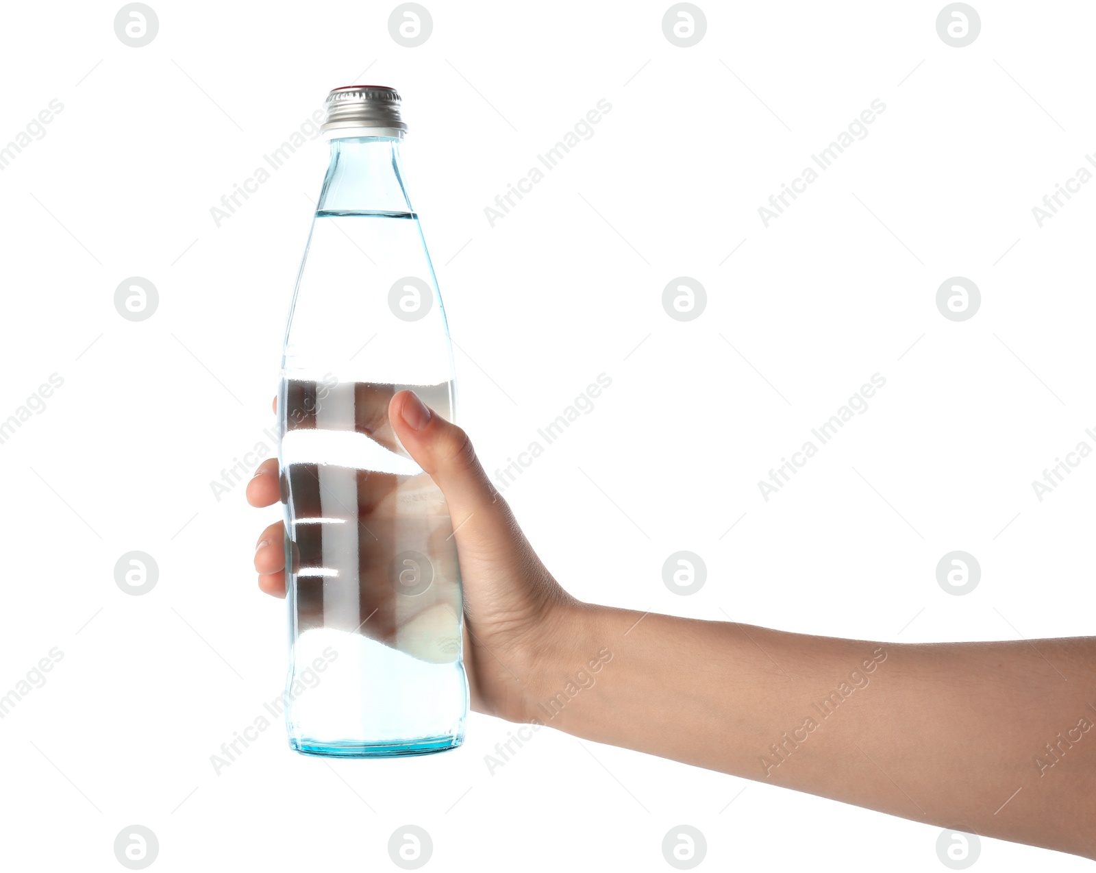 Photo of Woman holding glass bottle with water on white background