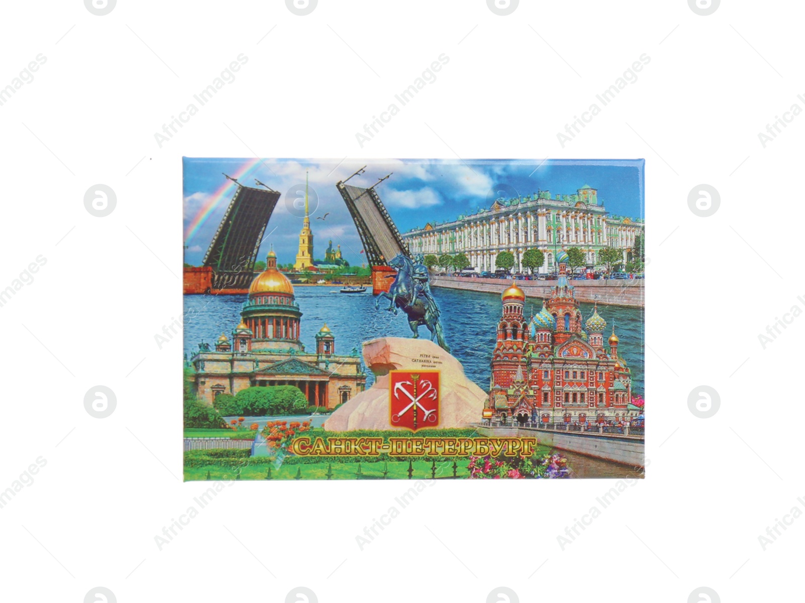 Photo of MYKOLAIV, UKRAINE - DECEMBER 24, 2018: Souvenir fridge magnet from Saint Petersburg, Russia on white background