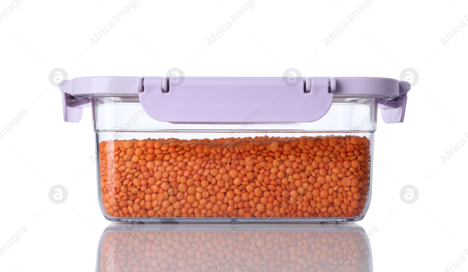 Photo of Box with uncooked lentils on white background