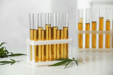 Photo of Test tubes with urine samples and hemp leaves on table