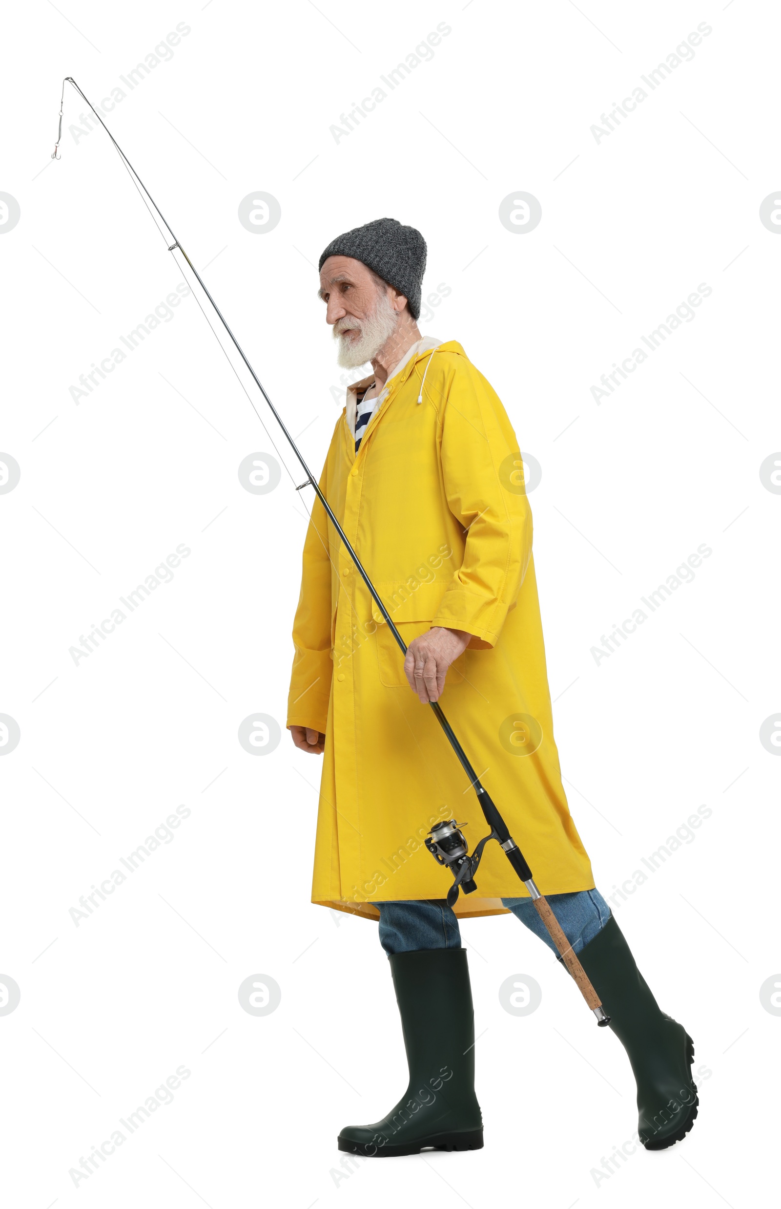 Photo of Fisherman with fishing rod isolated on white
