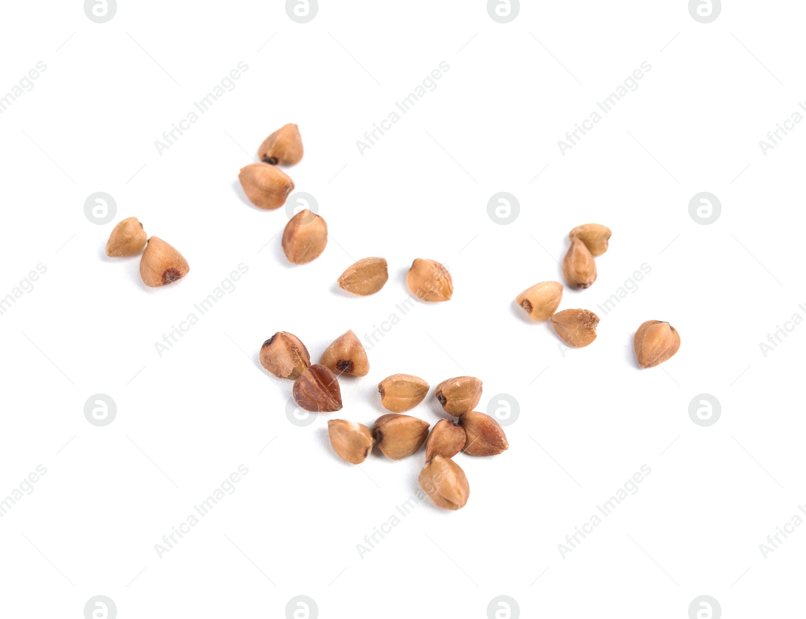 Photo of Uncooked buckwheat on white background. Healthy diet