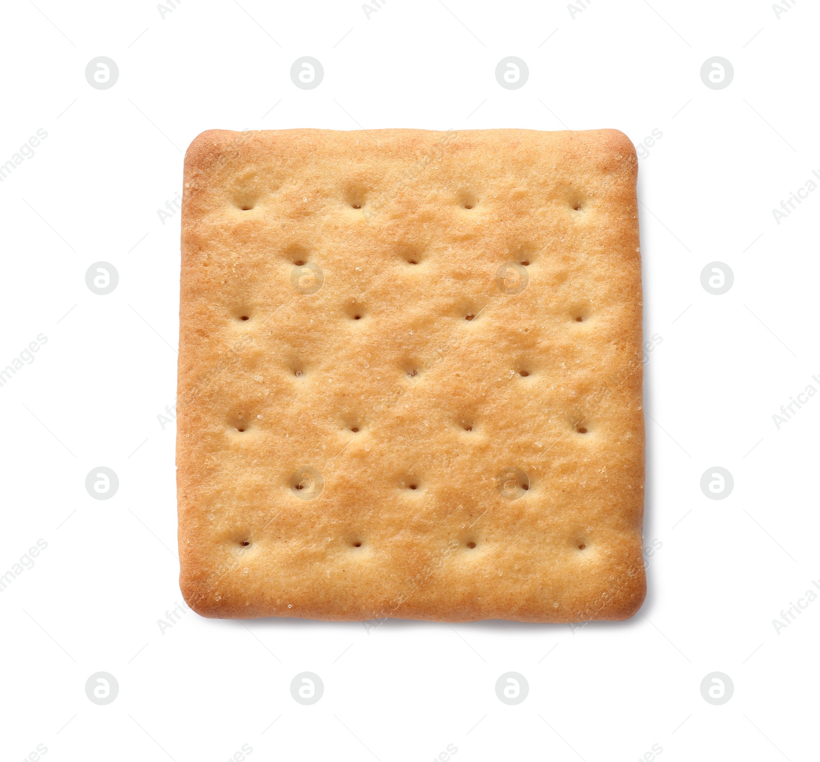 Photo of One crispy cracker isolated on white, top view. Delicious snack