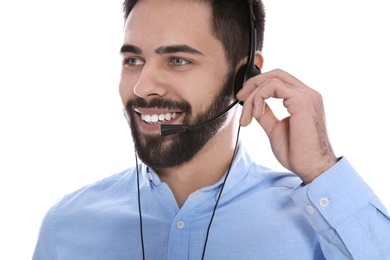 Photo of Portrait of technical support operator with headset on white background
