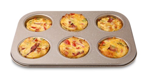 Photo of Freshly baked bacon and egg muffins with cheese in tin isolated on white