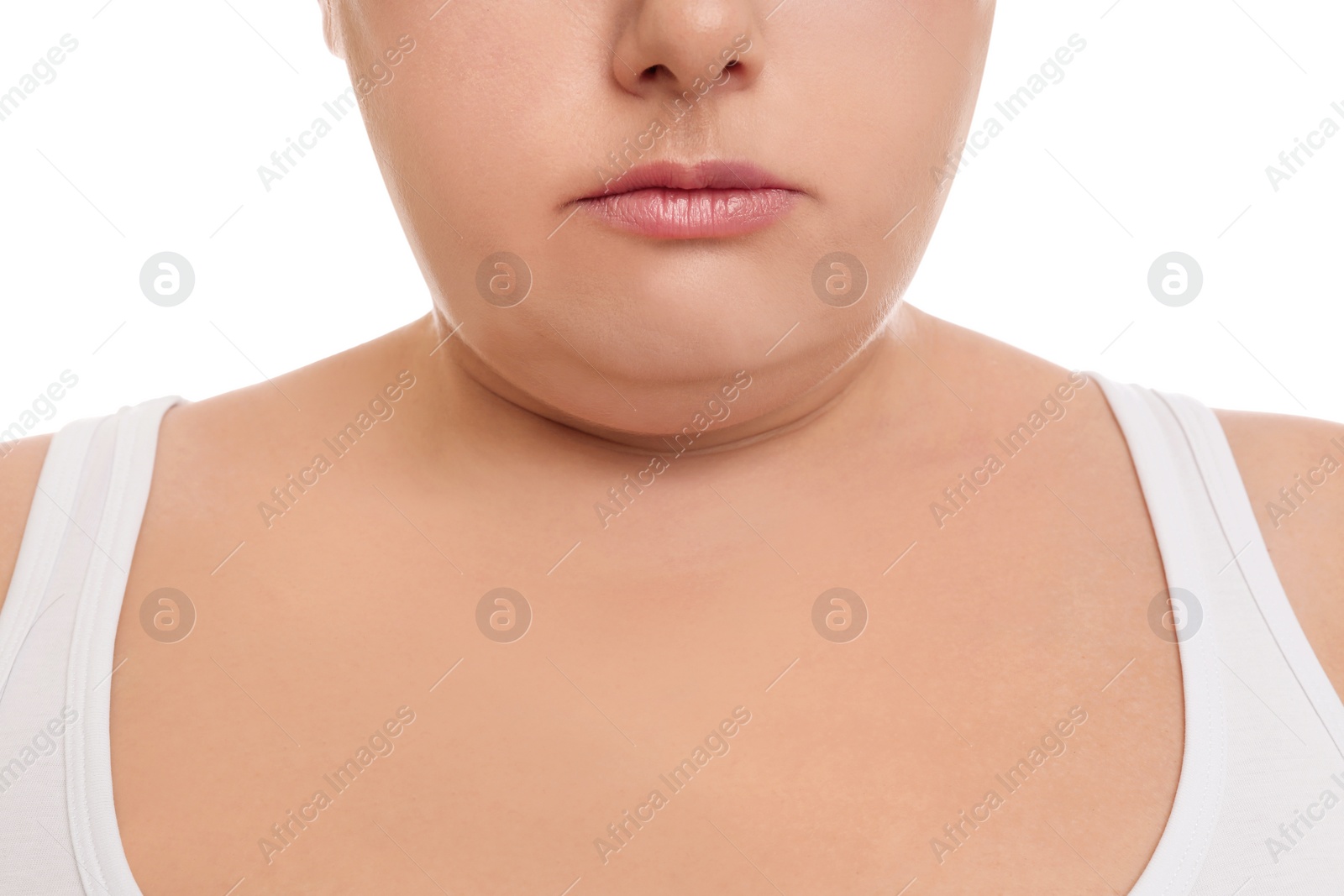 Photo of Woman with double chin on white background, closeup