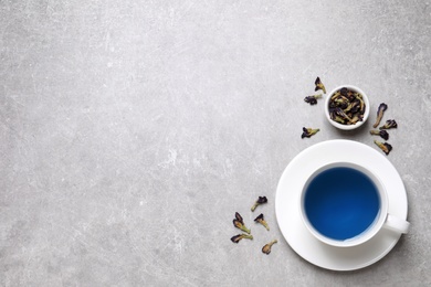 Organic blue Anchan in cup on light grey table, flat lay with space for text. Herbal tea
