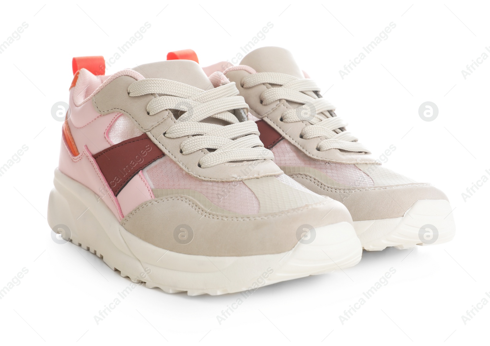 Photo of Pair of stylish shoes on white background