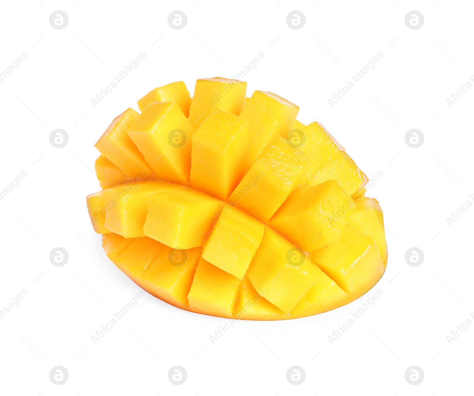 Photo of Cut fresh juicy mango on white background