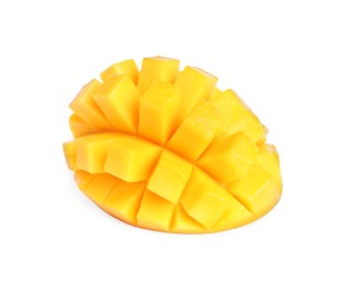 Photo of Cut fresh juicy mango on white background