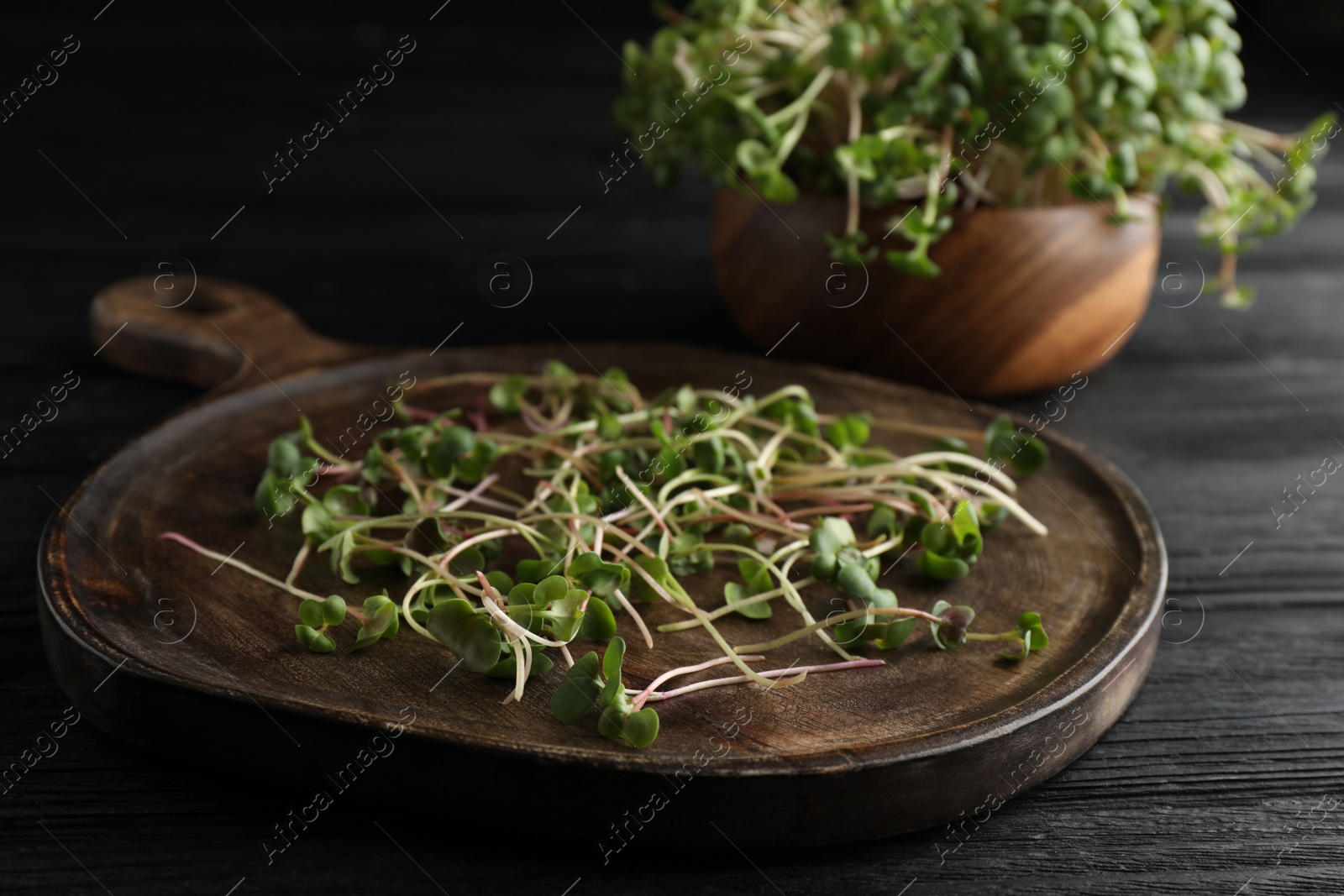 Photo of Board with cut fresh radish microgreens on black wooden table, closeup