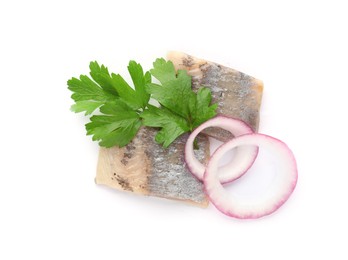 Delicious salted herring slices with onion rings and parsley on white background, top view