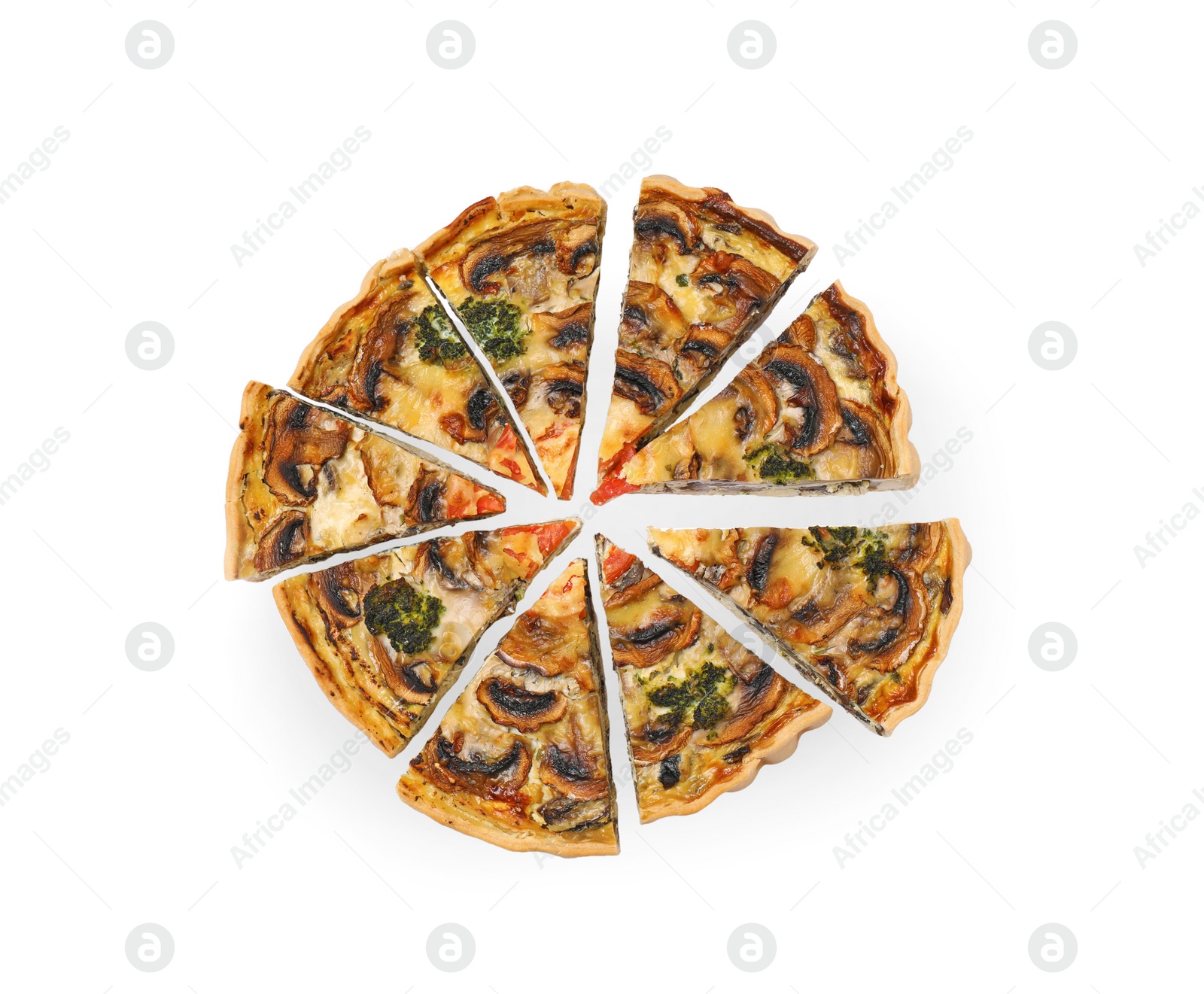 Photo of Delicious quiche with mushrooms isolated on white, top view