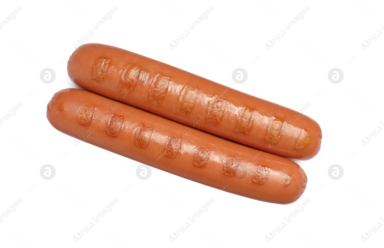 Photo of Tasty grilled sausages on white background, top view. Ingredients for hot dogs