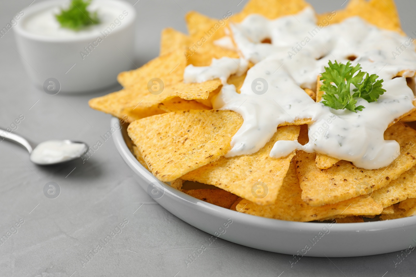 Photo of Plate of Mexican nacho chips with sauce on grey table, closeup
