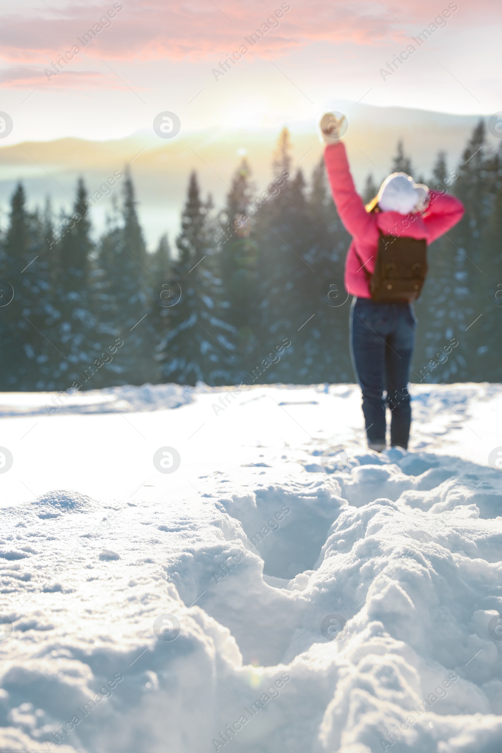 Photo of Young woman enjoying beautiful nature. Winter vacation