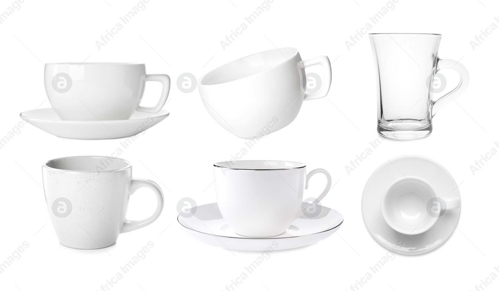 Image of Set with different coffee cups on white background 