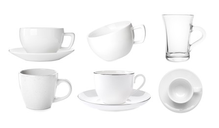 Set with different coffee cups on white background 