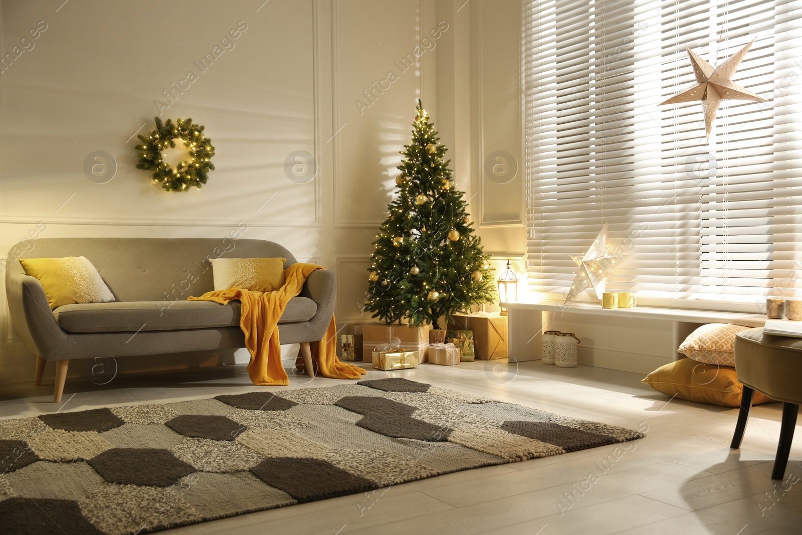 Photo of Stylish room with Christmas decorations. Festive interior design