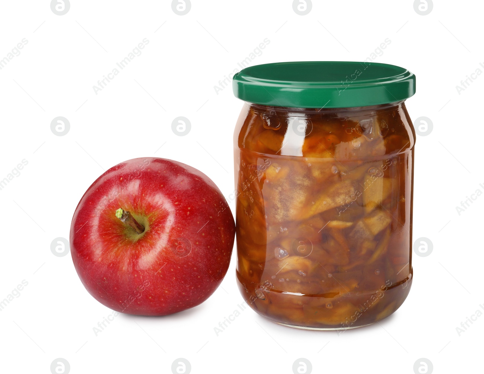 Photo of Tasty apple jam in glass jar and fresh fruit on white background