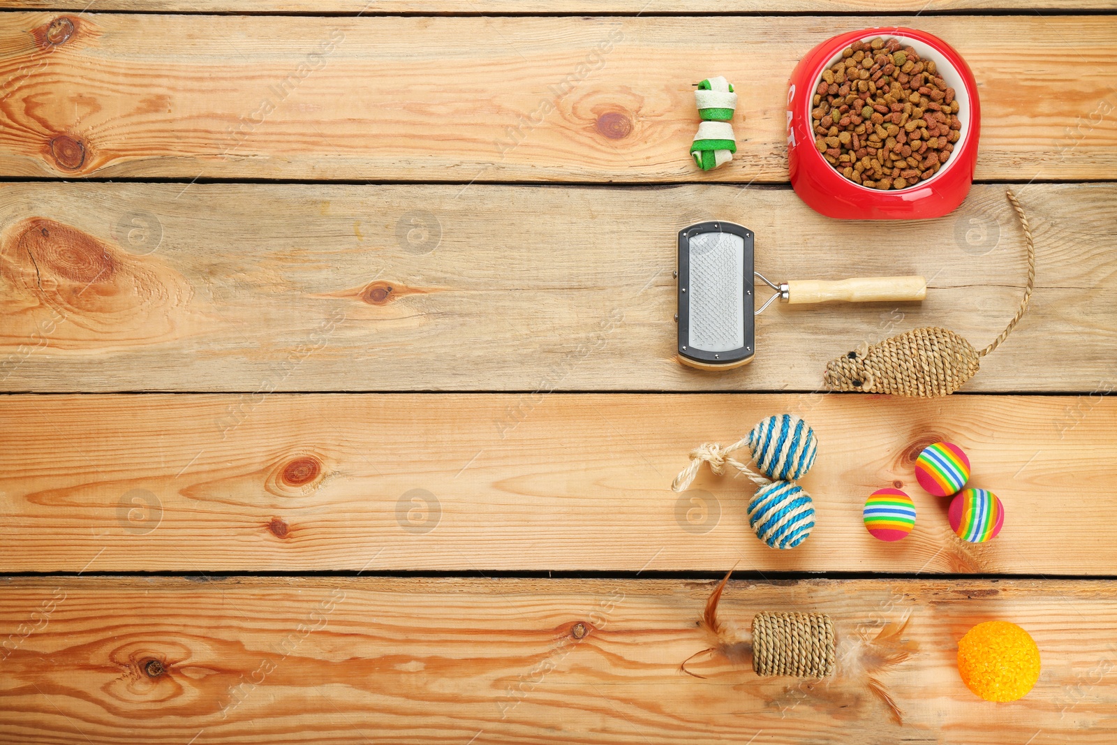 Photo of Flat lay composition with cat accessories and food on wooden background