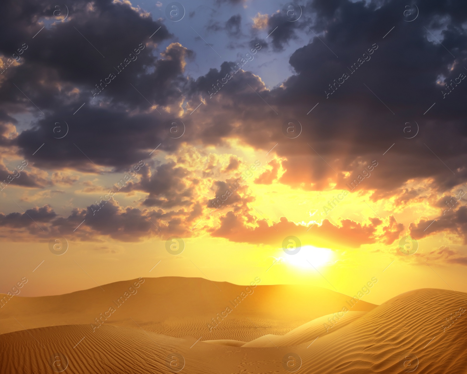 Image of Beautiful view of sandy desert at sunset