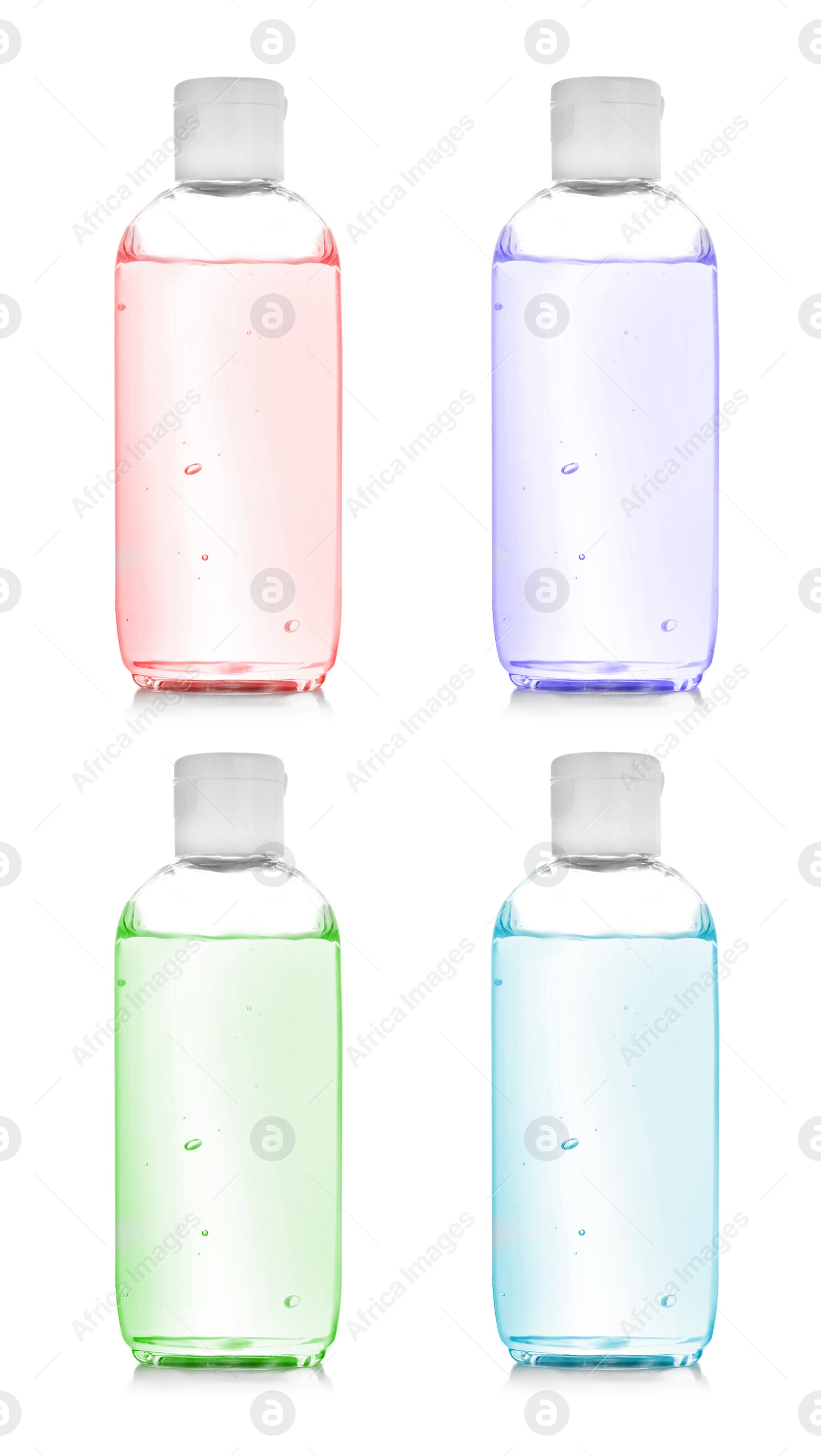 Image of Set of different antibacterial hand gels on white background