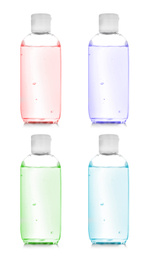 Image of Set of different antibacterial hand gels on white background