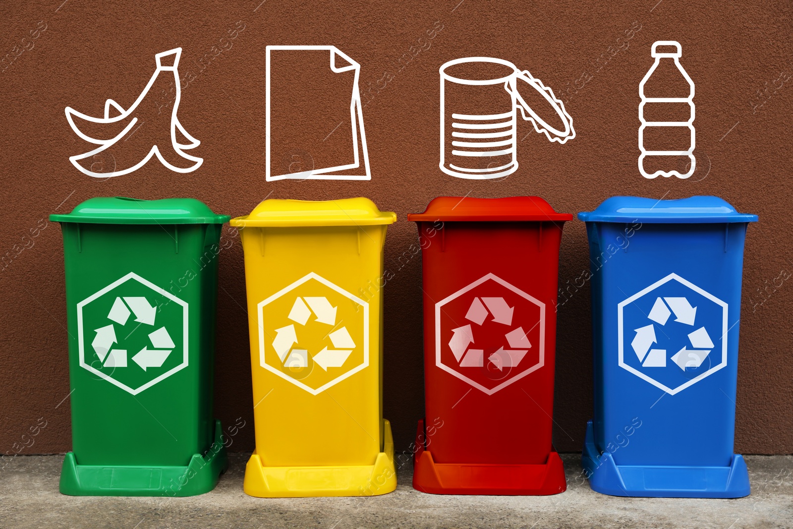 Image of Waste sorting. Illustrations of different garbage types over recycling bins near brown wall