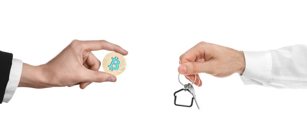 Image of Bitcoin exchange. Man using cryptocurrency to buy house. Seller holding key and buyer with bitcoin on white background, closeup
