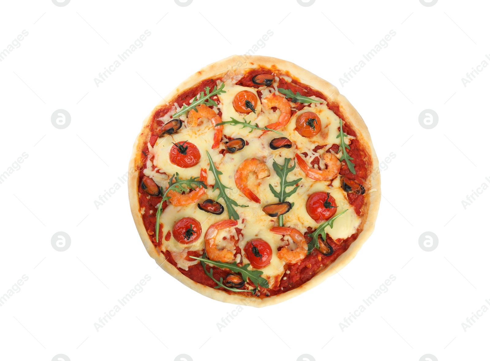 Photo of Delicious seafood pizza isolated on white, top view